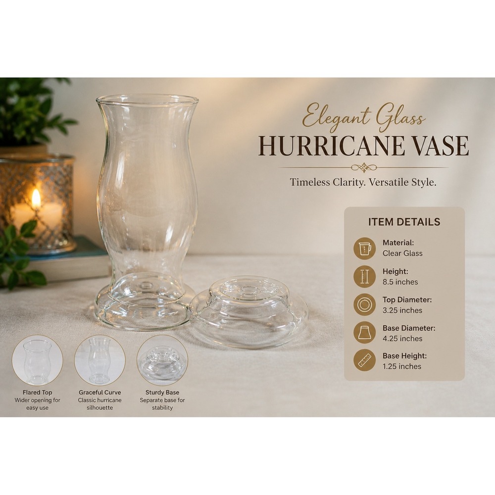 Elegant Clear Glass Hurricane Vase 8.5 Inch Two Piece with Separate Sturdy Base